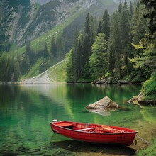 A Tranquil Photo Of A Red Rowboat Moored On The Shores Of A Green Alpine Lake.