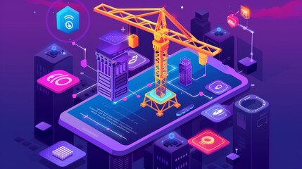 Wall Mural - symbolic banner for software development. modern landing page with smartphone, crane and buttons in 