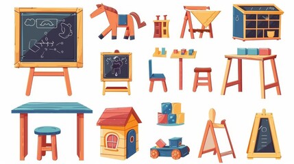 Wall Mural - The set of cartoon moderns includes a chalkboard, desk, chair, block cubes, toys for children and a wooden horse with paint and easel, and a cartoon set of cartoon graphics isolated on white.