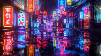 Wall Mural - View of cyberpunk city alley in the rain. Anime background