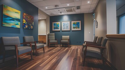 A waiting room with a blue wall and wooden floors