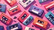 Audio cassettes, mix tapes, media storage for music and sound on pink background. Vintage style analog hipster devices of eighties culture. Modern illustration.