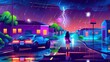 Cartoon poster with a young woman walking along an illuminated road and a car going along, showing water puddles and flashing lightning in a dark sky, illustrating a detective story.