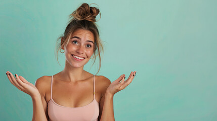 Wall Mural - Portrait of a happy young girl celebrating success on pastel blue background