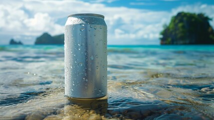 Wall Mural - The plain soft-drink can 330ml, floating in the ocean with tropical islands in background. Generated by artificial intelligence.