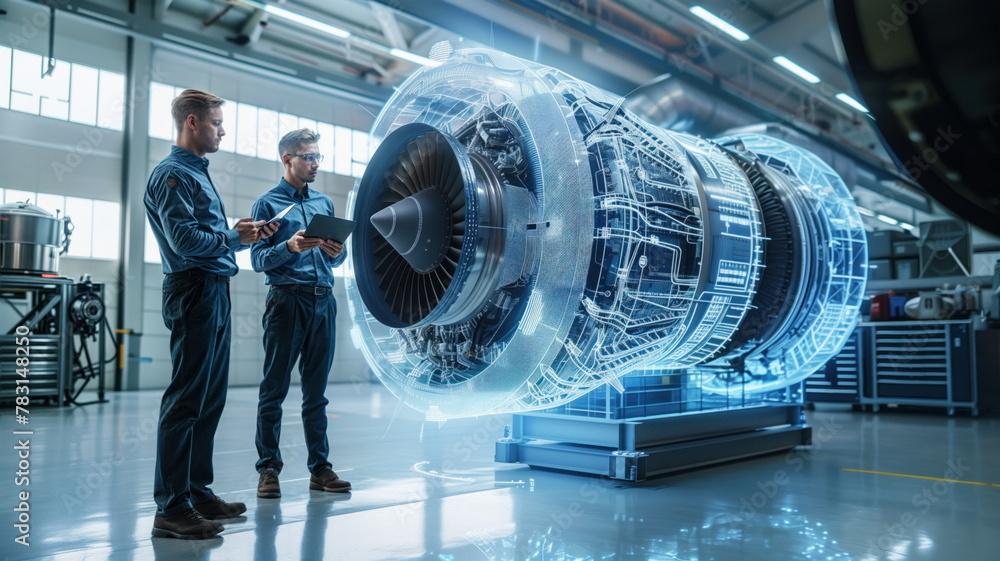 Two engineers analyzing a jet engine blueprint holographically. Stock ...