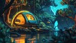 A futuristic tent in a jungle with a river in front of it.