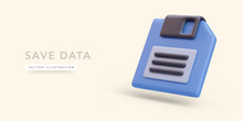 Blue Floppy Disk In Realistic Style Isolated On Light Background. Vector Illustration