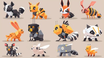 Wall Mural - Isolated Modern set of animal robotics robots, cyborgs hare, beaver, boar and raccoon. Cartoon robotic characters, mechanical and electronic smart ai transformers.