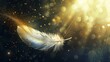 This modern design features a golden colored bird or angel quill, soft fluffy plume flying in a sun ray with white feather with gold glitter.