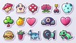 The popular retro stickers and badges include the ufo, clover, flower, mushroom, heart, camera, dinosaur, astronaut and girl. The contemporary comic patch or badge set includes the hamburger, globe,