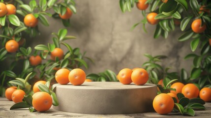 Wall Mural - Oranges with green leaves on the background of an empty podium. Fruits around the stage.  The layout of the platform for product demonstration.  A stage showcase.