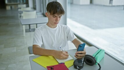 Wall Mural - A young caucasian male teenager studies with headphones, notebook, and smartphone in a modern university library.