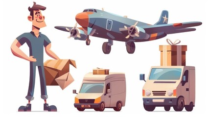 Modern cartoon set of a postal worker holding a letter, a truck, and an airplane. Postal service concept with postman, van, airplane, and giftbox.