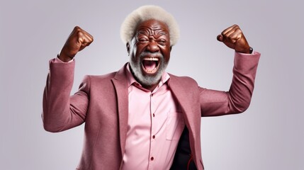 Fototapete - Generative AI Photo of ecstatic afro grandpa shout loud yeah fist up raise win lottery isolated white color background