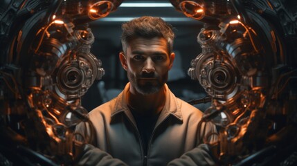 Poster - Generative AI Portrait of an auto mechanic with engine parts, conducting diagnostics, showcasing technical skills in a garage setting