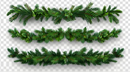 a realistic modern illustration of a pine tree branch christmas garland set with green needles on a 
