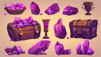 Wall Mural - Several game treasure icons isolated on a white background. Shopping basket, bag, winner's cup, suitcase, safe, wooden barrel with magic amethyst crystals.