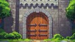This medieval castle wall with gate modern background features a safe cartoon game brick fortress with closed doors. There is an empty stone palace exterior with a wood doorway. A fairytale