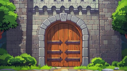 Wall Mural - This medieval castle wall with gate modern background features a safe cartoon game brick fortress with closed doors. There is an empty stone palace exterior with a wood doorway. A fairytale