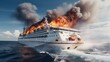 In the cerulean sea, a majestic cruise ship is engulfed by a fiery blaze, casting a dramatic spectacle against the tranquil waters.
