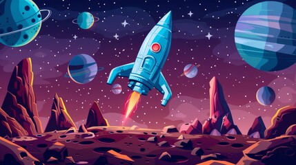 Wall Mural - Cartoon illustration of a spaceship flying above rocky alien surfaces, stars and planets in a dark night sky, futuristic shuttle speeding through the void at high speed, on a scientific mission in