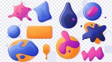 Color Abstract Shapes Isolated On Transparent Background. Modern Illustration Of Glossy Blobs, Paint Splashes, And Fluid Brushes In Memphis Style.