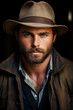 Handsome male cowboy with beard and hat looking at camera