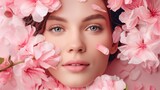 Fototapeta Natura - Beautiful young woman with flawless skin among vibrant cherry blossoms in spring