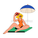 Fototapeta Psy - Woman Sits On The Beach Under An Umbrella