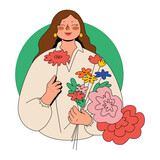 Fototapeta Psy - Woman Smells A Flower Bouquet She Picked