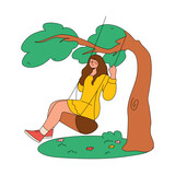 Fototapeta Psy - Woman Swings On A Swing In The Garden