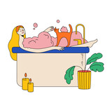 Fototapeta Psy - Woman Takes A Bath With Her Cat