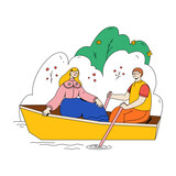 Fototapeta Psy - Young Couple Floating In A Boat On A Lake