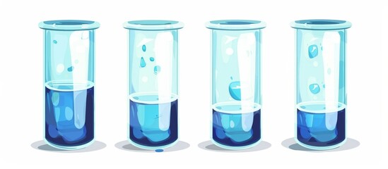 Wall Mural - three transparent blue test tubes containing colored liquid, placed on a clean white background