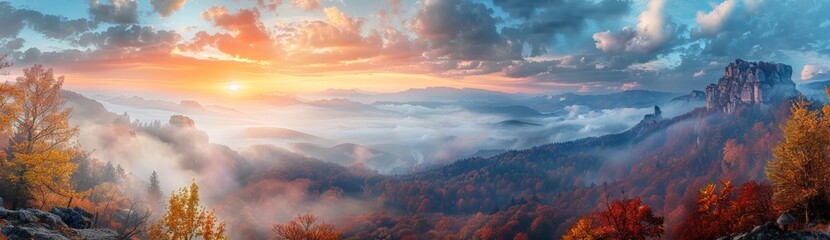 Wall Mural - Wide angle panorama of a mountain landscape against sunset sky.