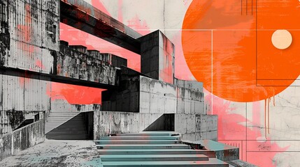 Wall Mural - Digital collage incorporating elements of urban decay with the geometric forms of neo brutalist structures