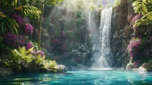 A Majestic Waterfall Cascading Down A Sheer Cliff Face Into A Crystal-clear Pool Below, Surrounded By Lush Foliage And Vibrant Flowers In Full Bloom. 

