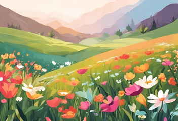 Flowers and mountains in a scenic landscape, landscape countryside cartoon scene background. 