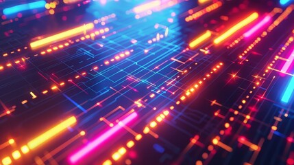 Futuristic geometric grid pattern with neon lights and glowing effects
