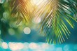 Blur beautiful nature green palm leaf on tropical beach with bokeh sun light wave abstract background. Copy space of summer vacation and business travel concept - generative ai