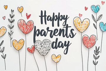 Greeting card, banner or poster for happy Parents day with text inscription. Calligraphy text with hearts on white background. Brush lettering