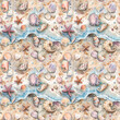 Marine seamless pattern with colorful seashells, starfish and seahorse on a sandy background.