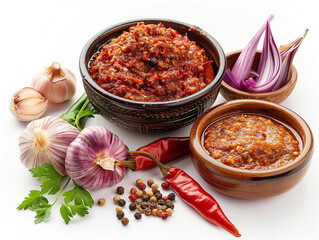 Wall Mural - Sambal isolated on white background. It is made from chilies that have been finely ground and then cooked in a stir-fry.