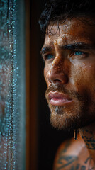 A handsome young man with beautifully tanned skin and tattoos with striking blue eyes looks out of window