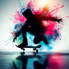 silhouette of skater skating  with colorful splashing paint	