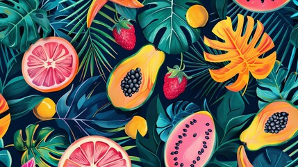 Wall Mural - Vibrant tropical pattern with exotic fruits and foliage