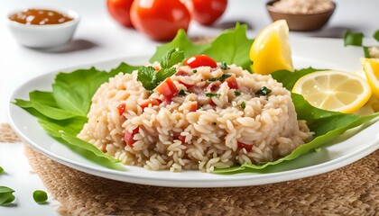 Wall Mural - Brown Rice with Tuna salad clear sauce healthy food cleanfood decorate carved tomato, lemon slice and leaf red Oak side view isolated on white background
