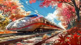Shinkansen bullet train races through a vibrant Kyoto spring, blossoming cherry trees frame the journey.