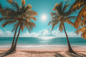 Wall Mural - Two palm trees are on a beach with the ocean in the background